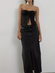Y2K Split Crop Tube Top Ruched Drawstring