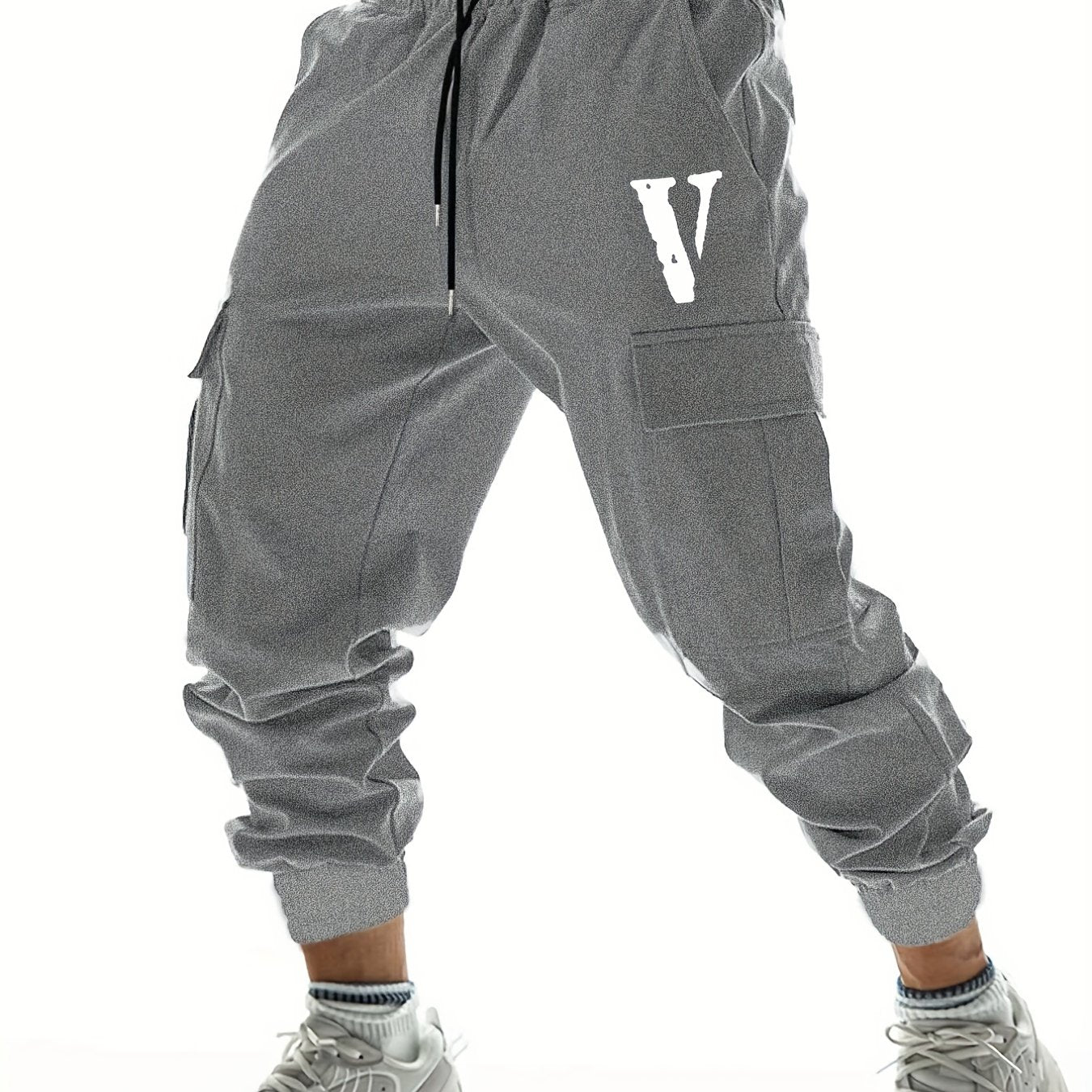 Retro Style V Letter Print Casual Cargo Pants