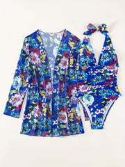 Floral Print Halter One piece Swimsuit & Cover Up Set