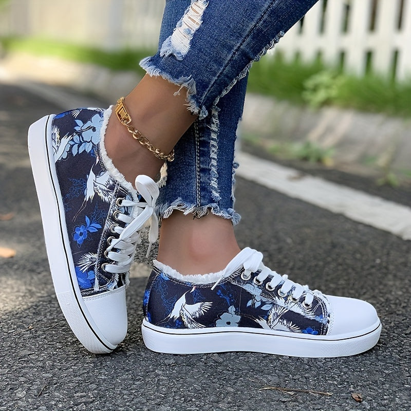 Women's Art Printed Canvas Lace Up Flat Sneakers