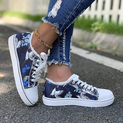 Women's Art Printed Canvas Lace Up Flat Sneakers