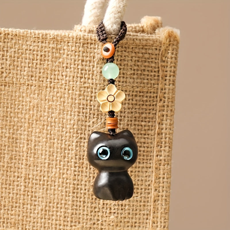 Wooden Lucky Cat Key Chain Phone Chain Pendant