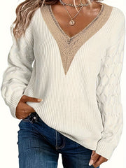 Colorblock Cable Lace V Neck Sweater