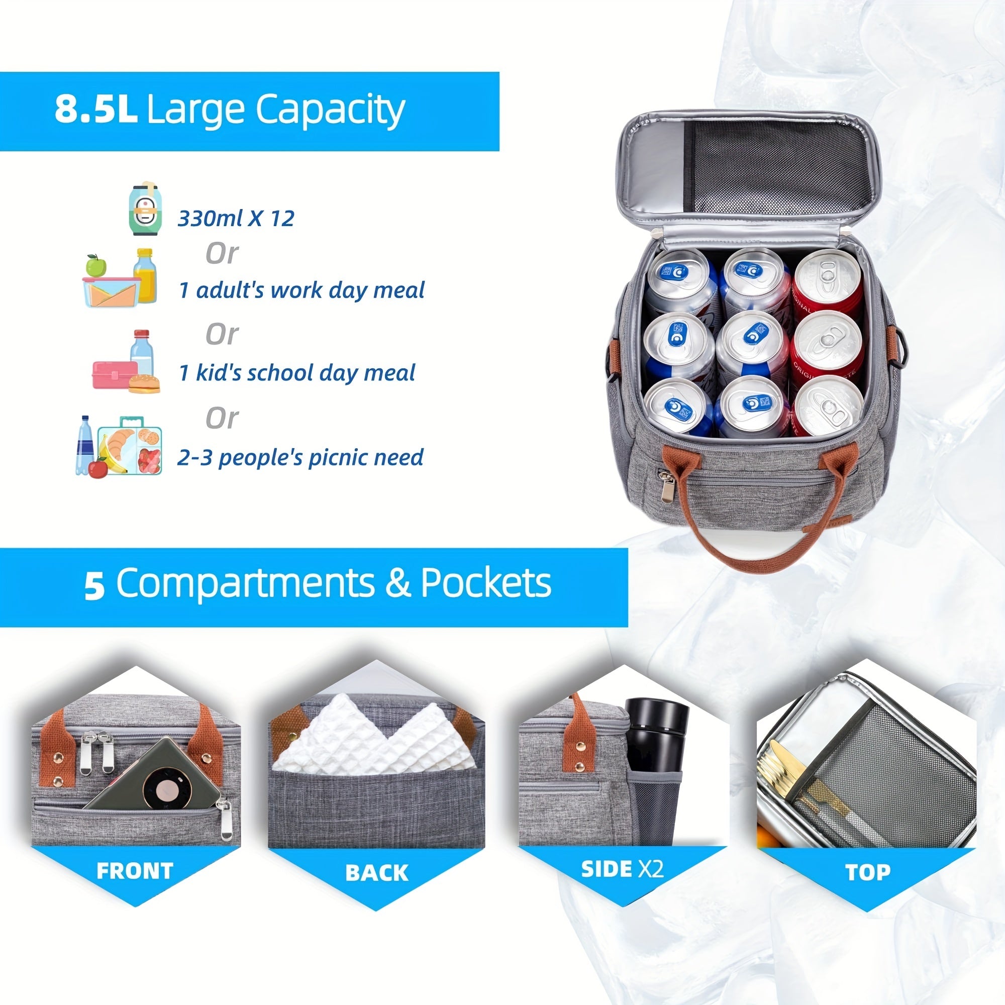 Insulated Lunch Bag for Work School Picnic Travel Beach Keeps Food Fresh