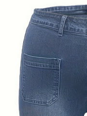 Flared Leg Jeans Washed Button Fly High Stretch