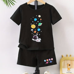 Boy's Astronaut Planet Print 2pcs T shirt & Shorts Set