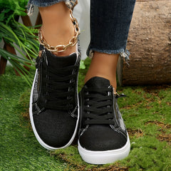 Women's Denim Flat Sneakers Lace Up & Zipper Low Top Shoes