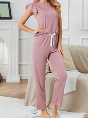 Ruffle Sleeve Crew Neck Top & Elastic Waistband Pants Lounge Set
