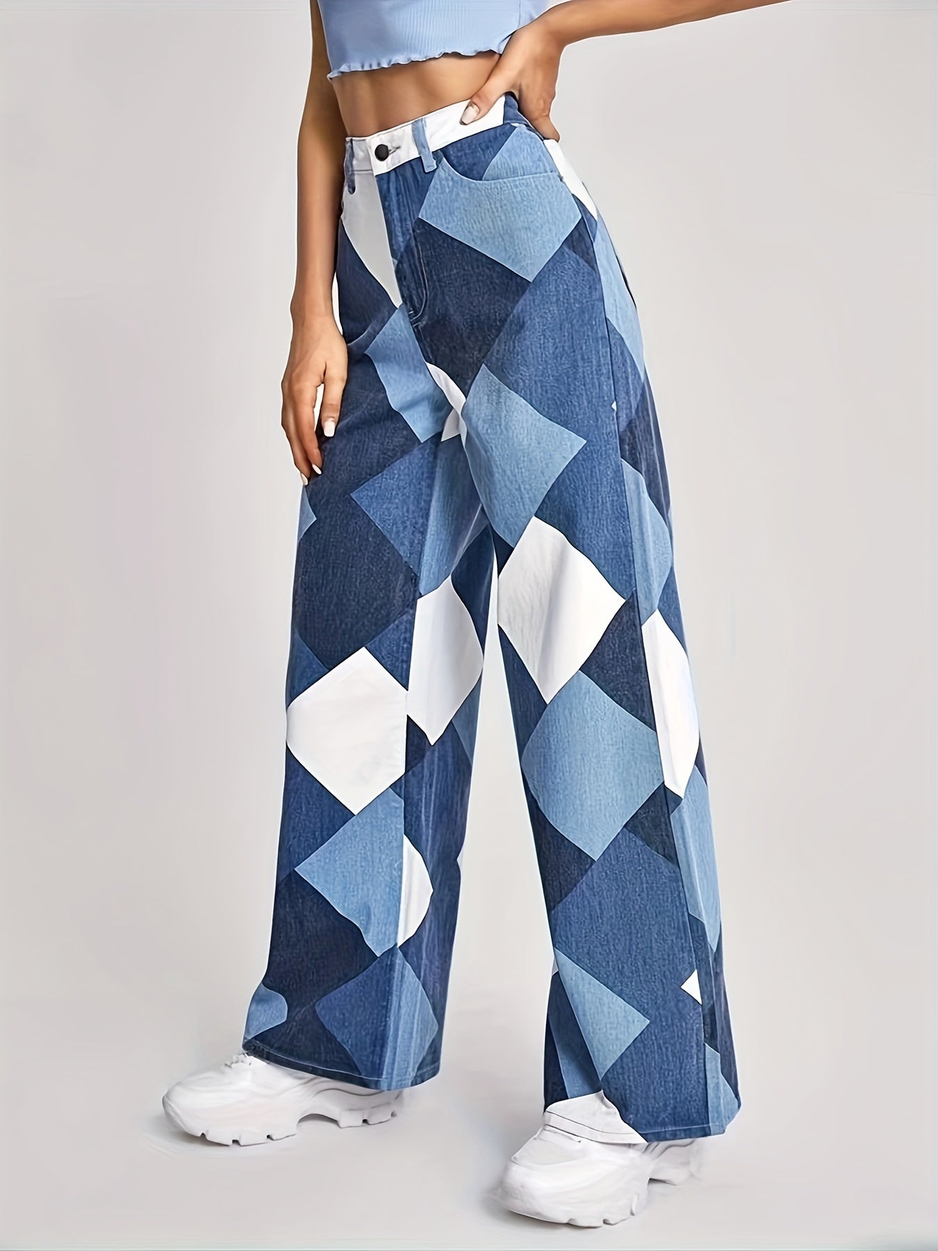 Geometric Print Straight Jeans Loose Fit Denim Pants