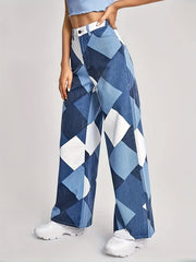 Geometric Print Straight Jeans Loose Fit Denim Pants