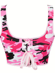 Camo Print Corset Top Sexy Squared Neck Sleeveless Top