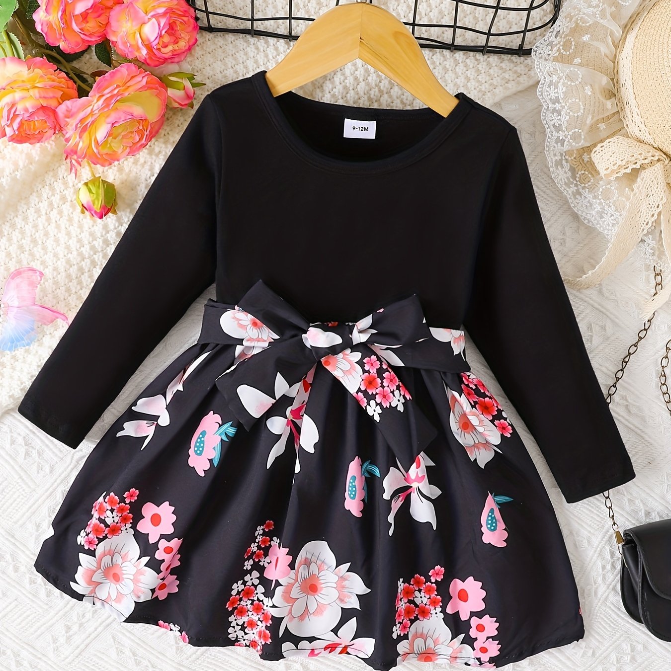 BABY Girls Long Sleeves Dress Flowers Splicing Belted