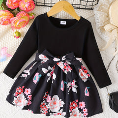 BABY Girls Long Sleeves Dress Flowers Splicing Belted