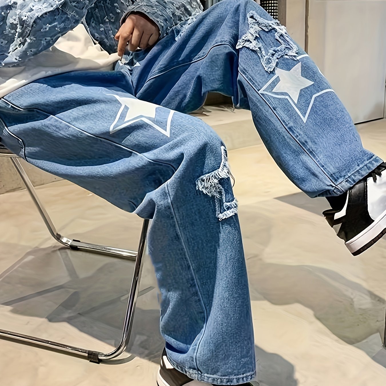 Men's Hip Hop Star Pattern Wide Leg Jeans