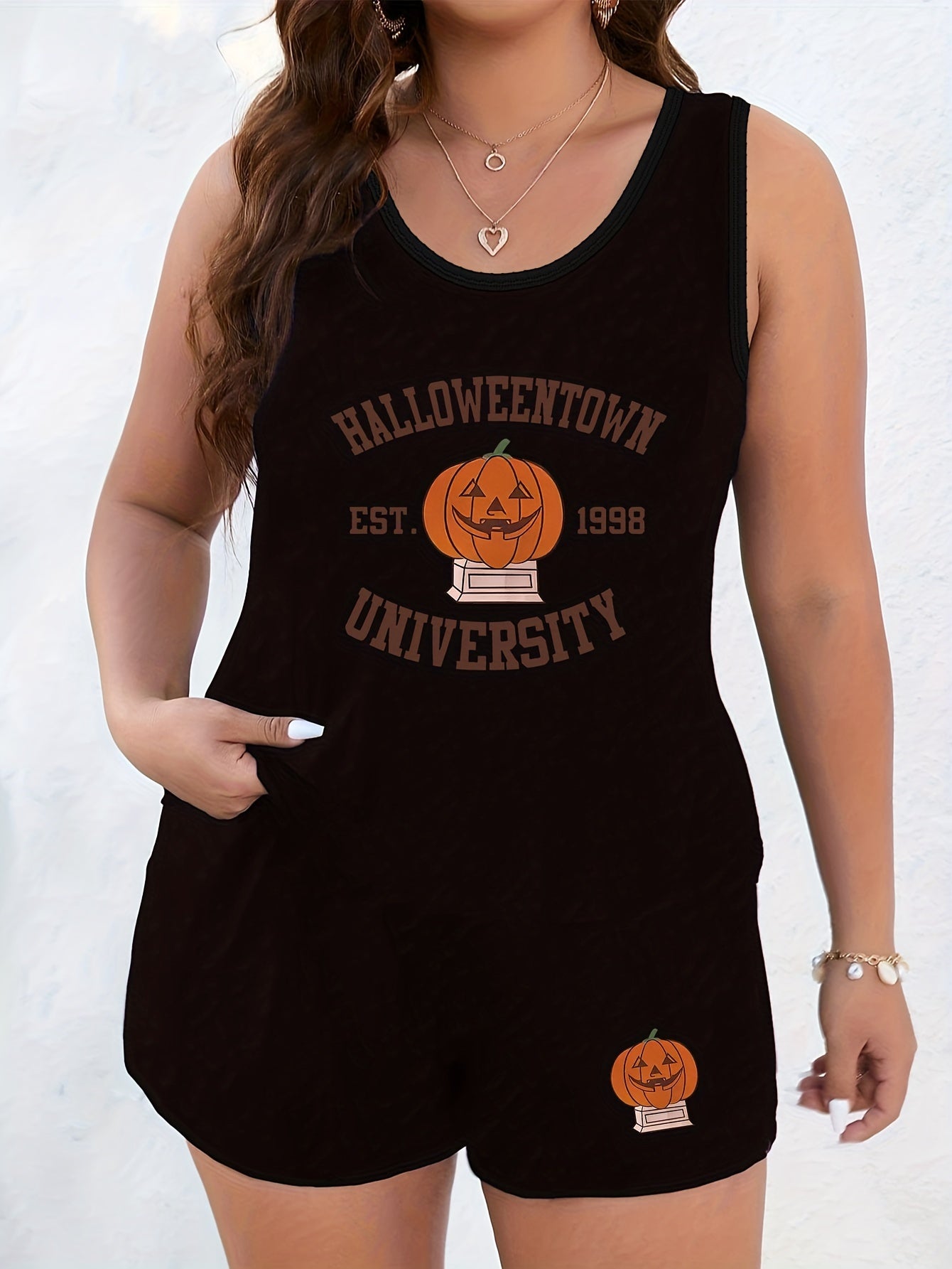 Halloween Funny Pumpkin Print Tank Top & Shorts Pajamas Set