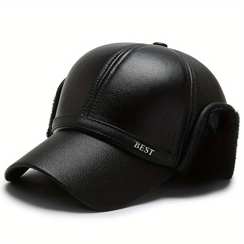 Men's Winter Velvet PU Leather Baseball Cap Outdoor Warm Hat