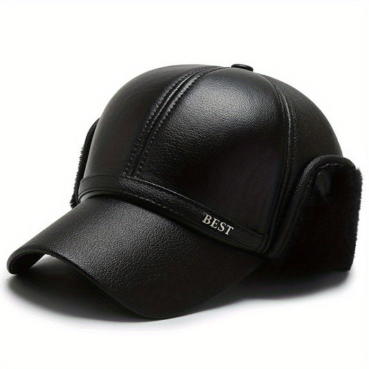 Men's Winter Velvet PU Leather Baseball Cap Outdoor Warm Hat