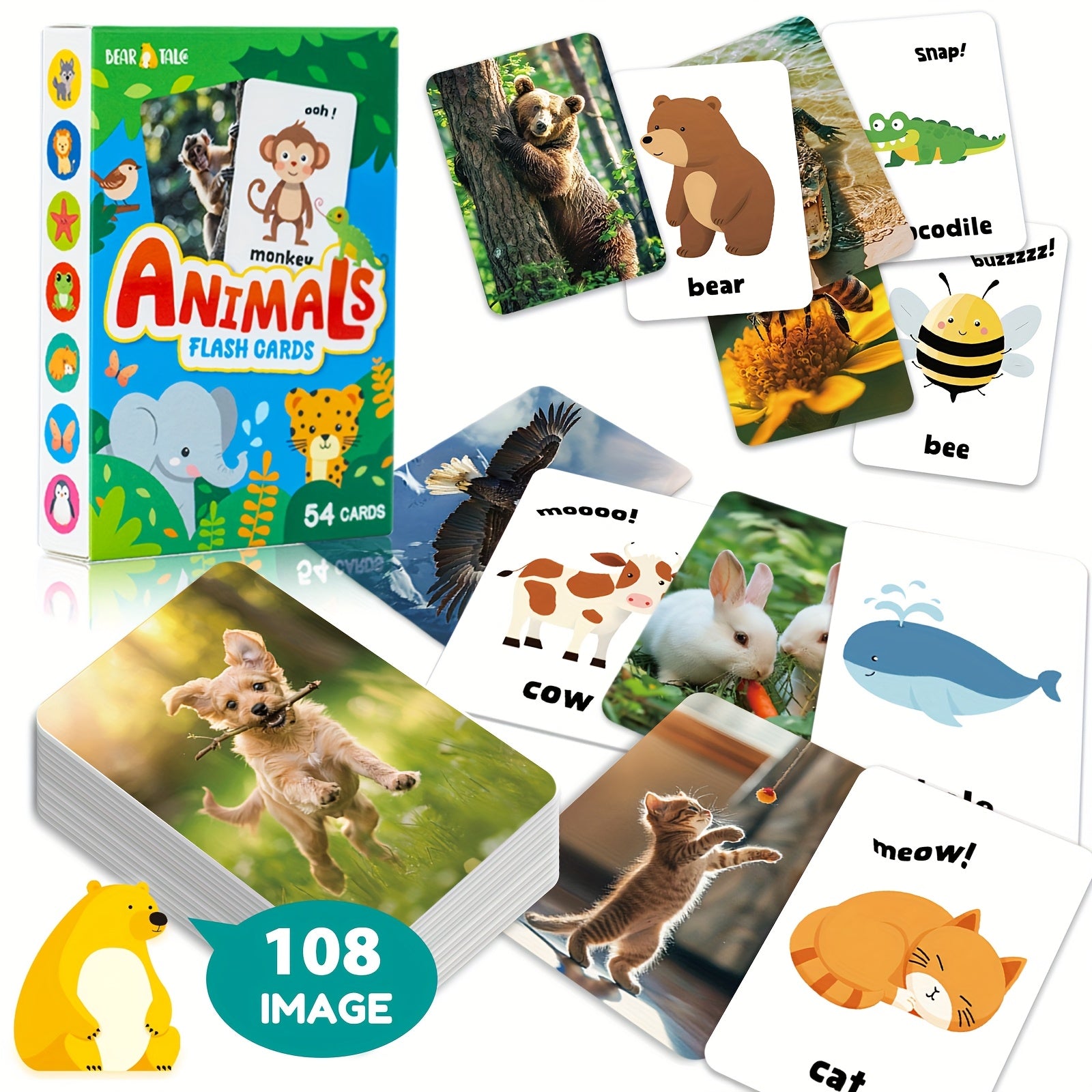 Animals Flashcards Real Photos & Cartoon Double Sided Baby Learning Cards