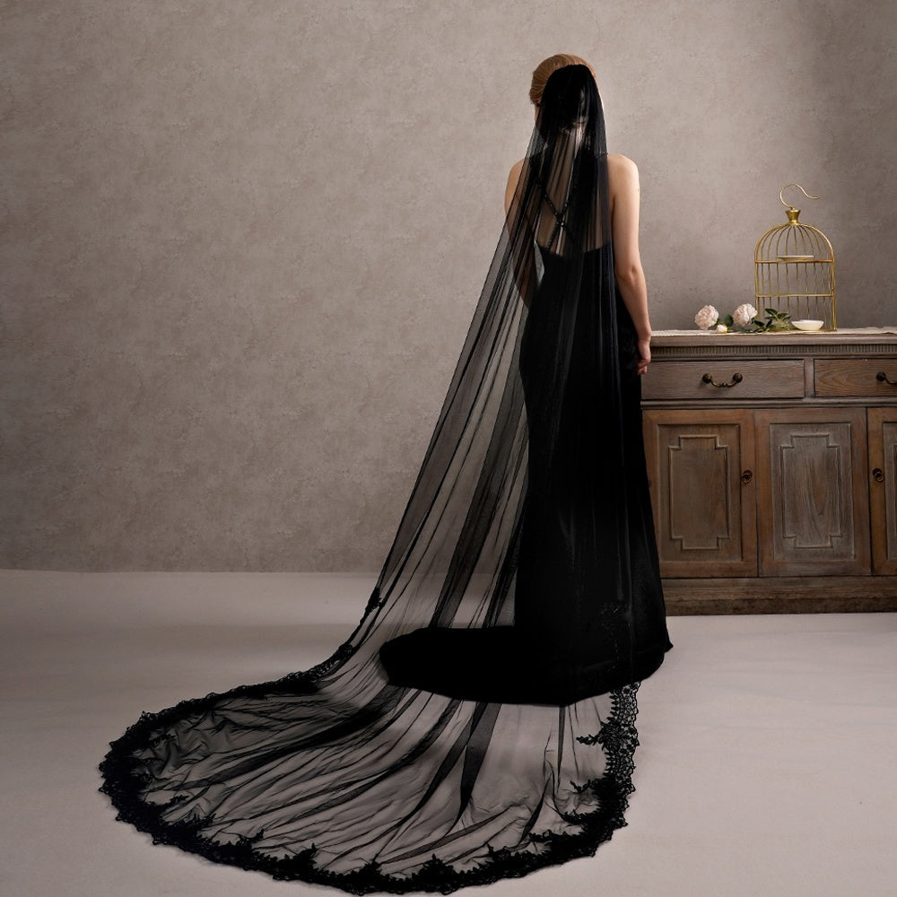 Bridal Veil Lace Cathedral Train with Floral Edges