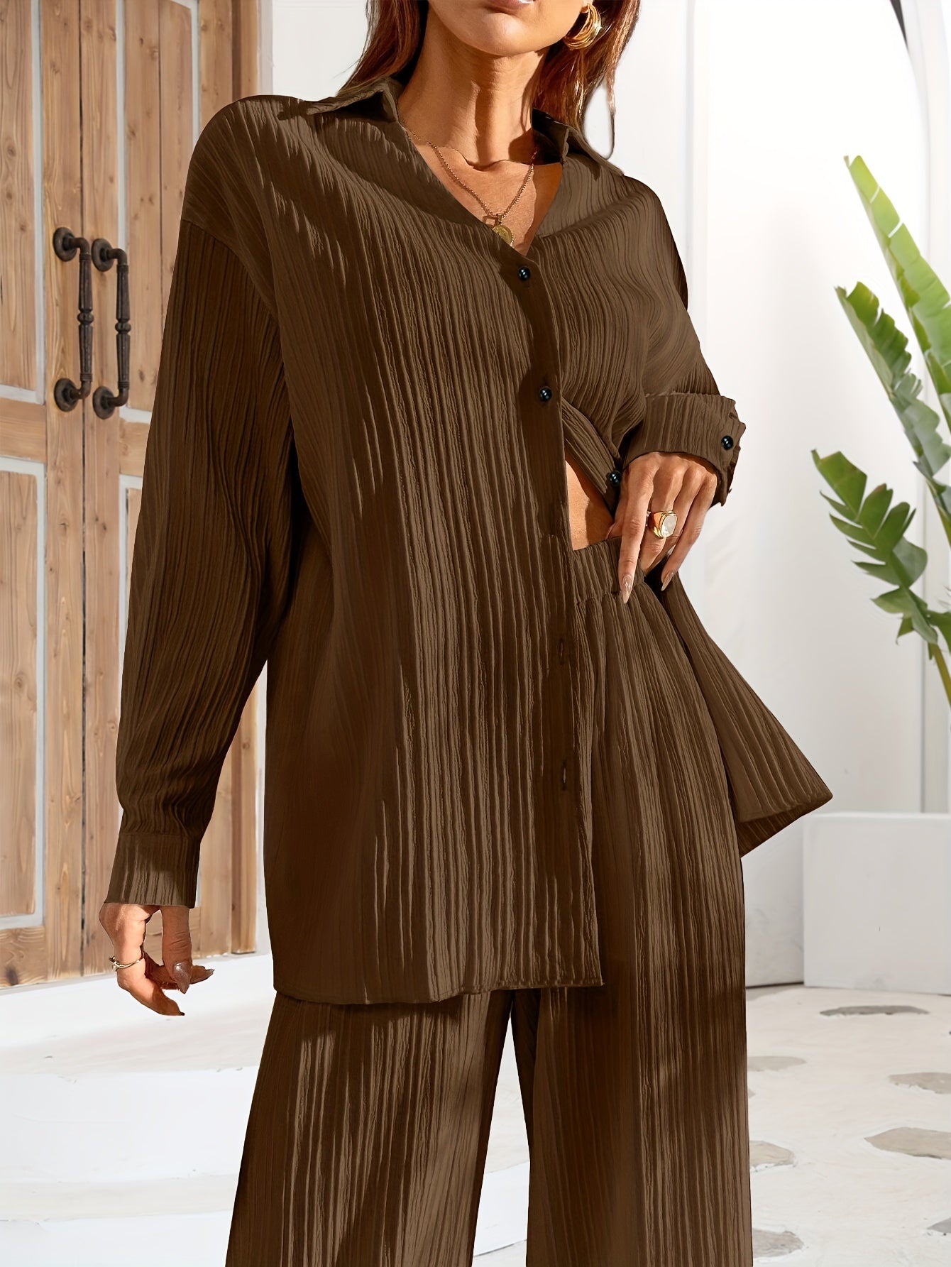 Solid Textured Two piece Set Button Front Long Sleeve Shirt & Wide Leg Pants