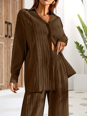 Solid Textured Two piece Set Button Front Long Sleeve Shirt & Wide Leg Pants