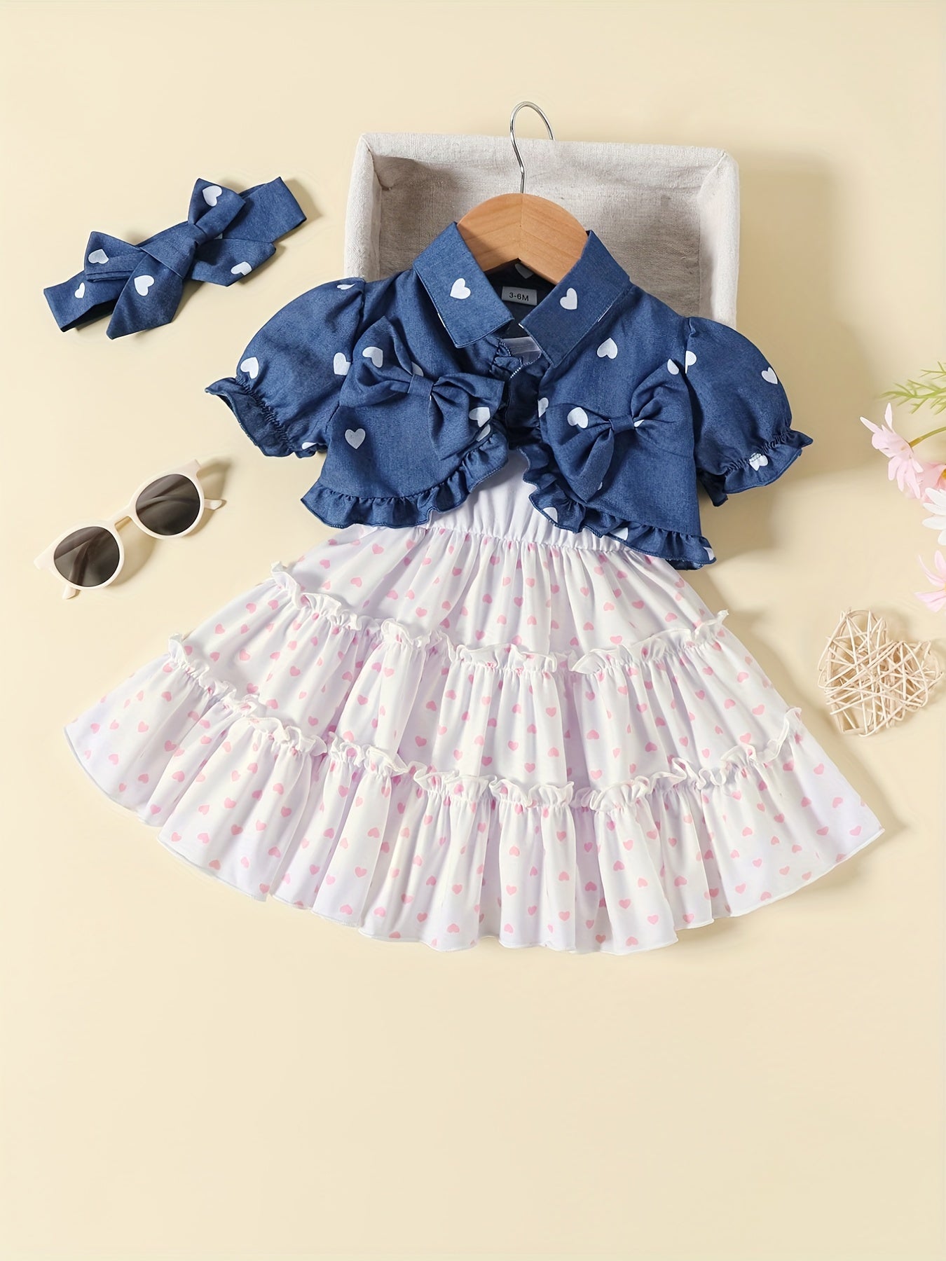 3pcs Girls Polka Dot Top & Dress Set with Headband