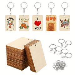 80PCS Rectangle Wood Blanks Keychain Set DIY Christmas Decor