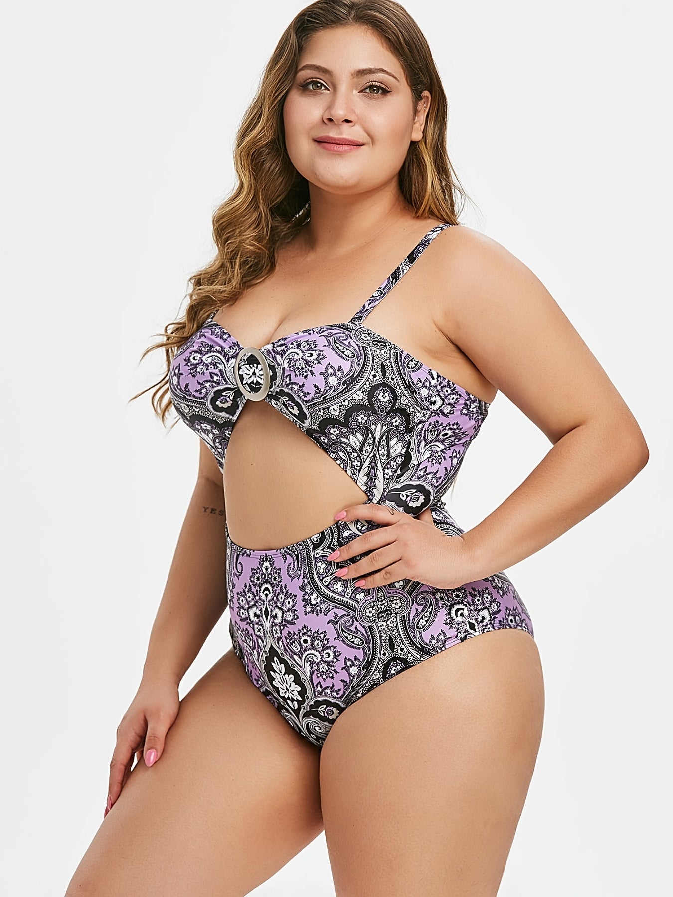 Floral Print Ring Belt One Piece Swimsuit Plus Size