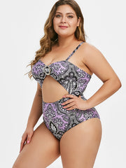 Floral Print Ring Belt One Piece Swimsuit Plus Size