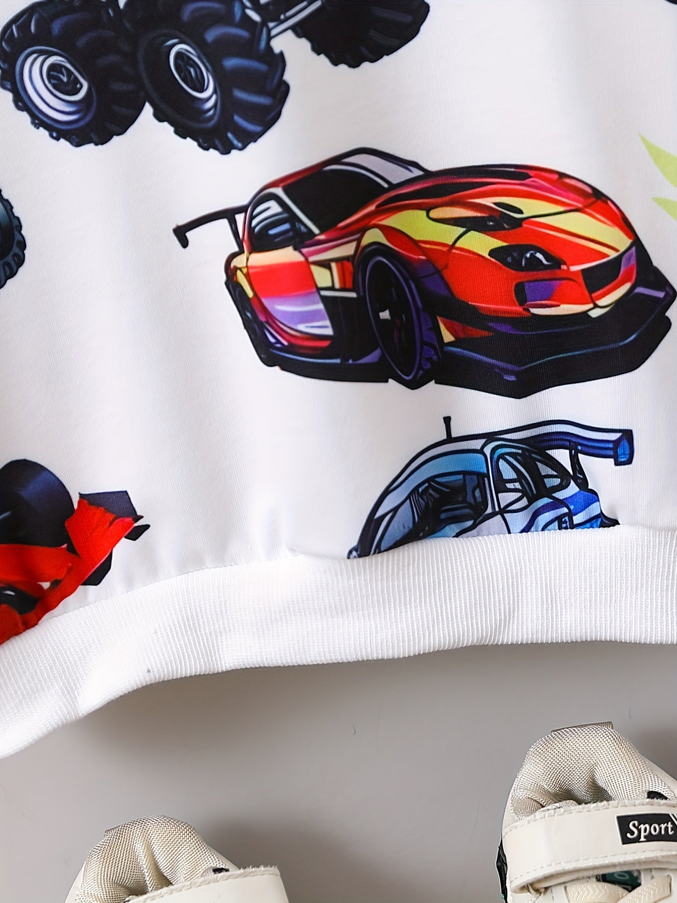 Boys Cartoon Car Print Sweatshirt Long Sleeve Crew Neck Top