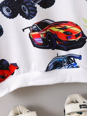 Boys Cartoon Car Print Sweatshirt Long Sleeve Crew Neck Top