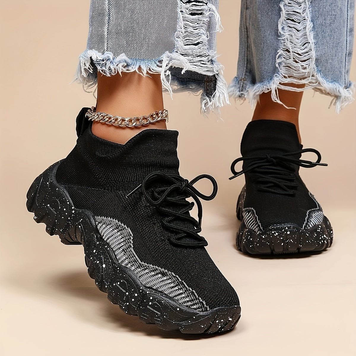 Women's Breathable Lace Up Knit Sneakers Low Top Walking Shoes