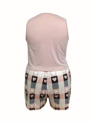 Heart Print Crop Tank & Shorts Pajama Set