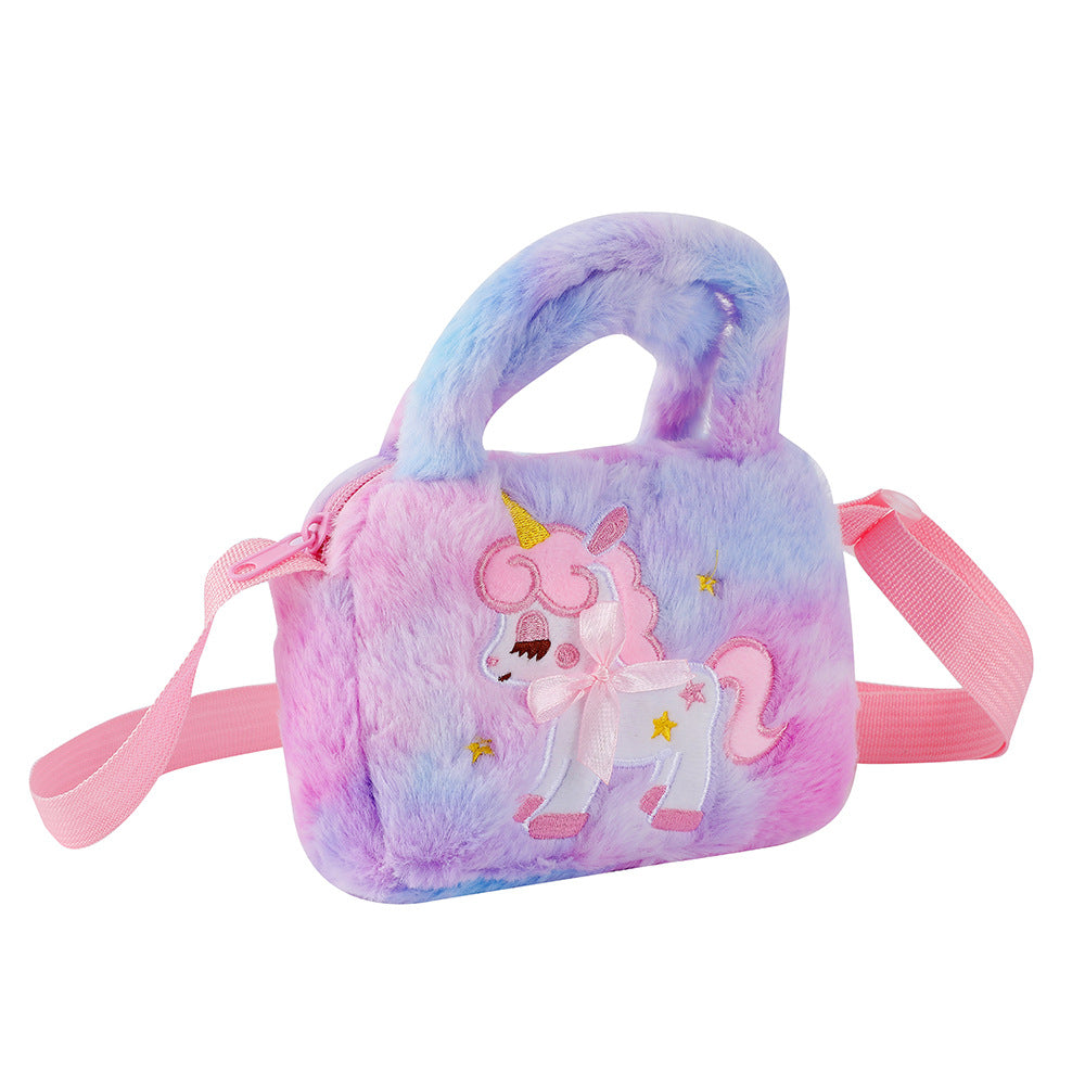 Girls Unicorn Embroidery Plush Handbag Shoulder Bag Messenger Bag