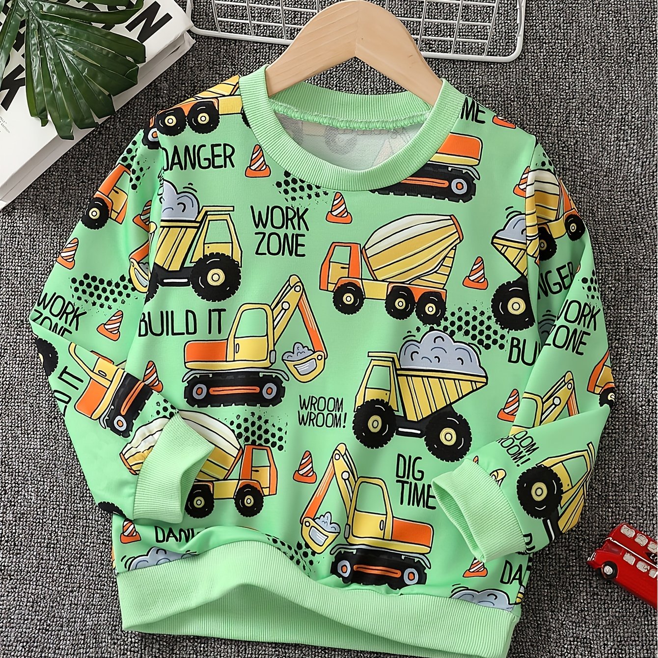 Excavator & Truck Print Sweatshirt Boy's Casual Graphic Crew Neck Pullover Sweat