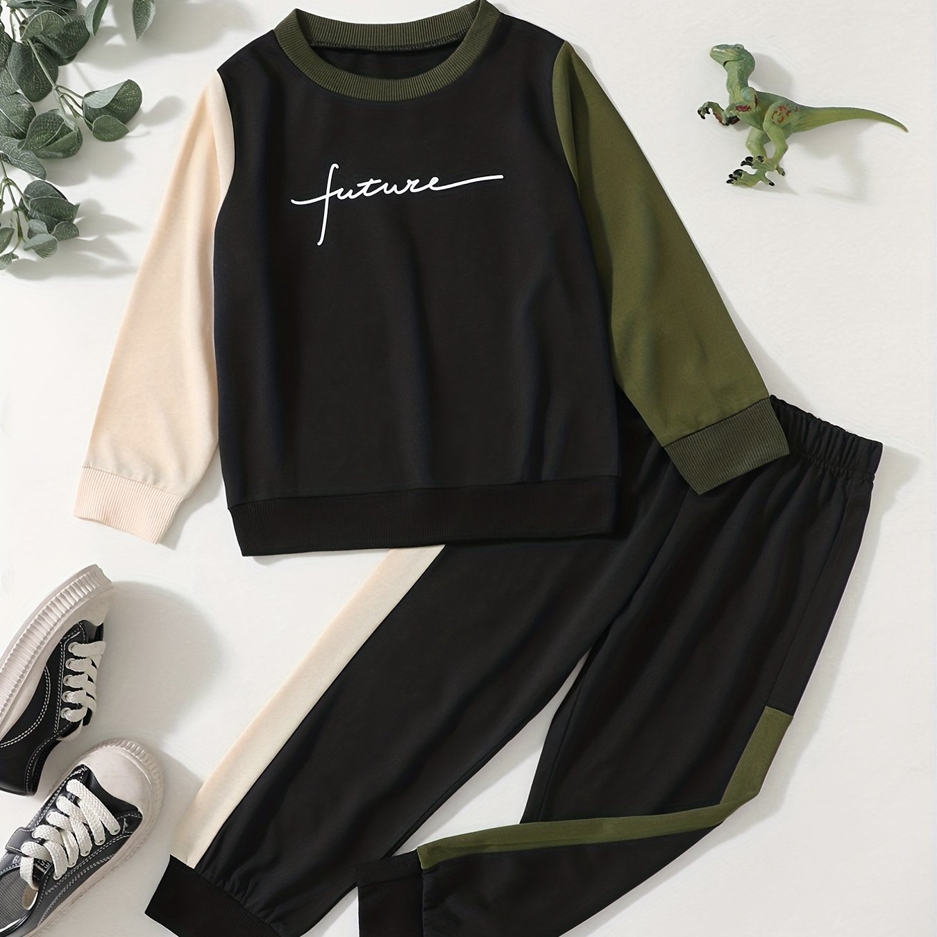 Boys 2pcs Block Sweatshirt & Sweatpants Set for Spring Fall