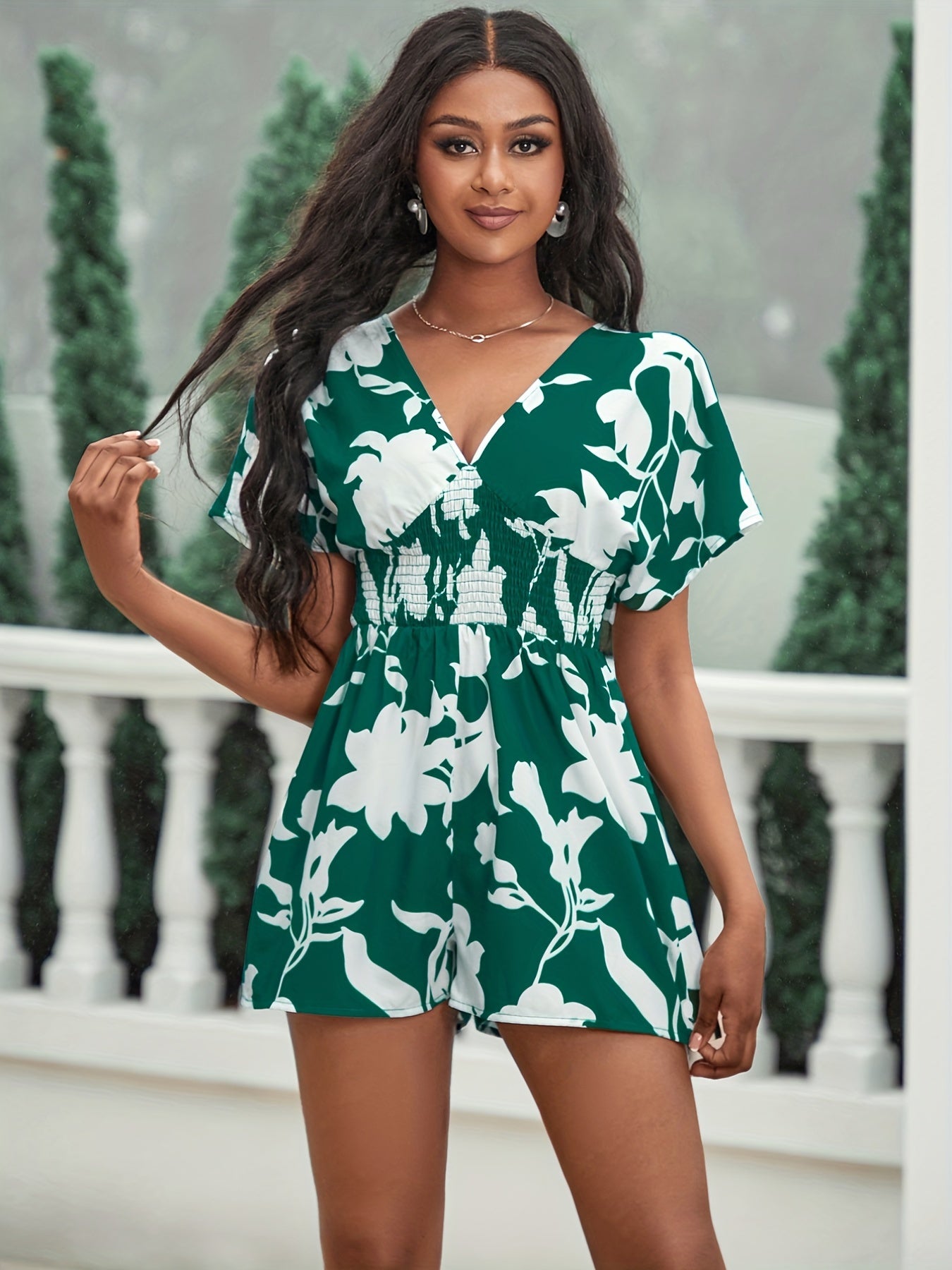 Floral Print Shirred Waist Romper Jumpsuit V-Neck Casual Women's Clothing