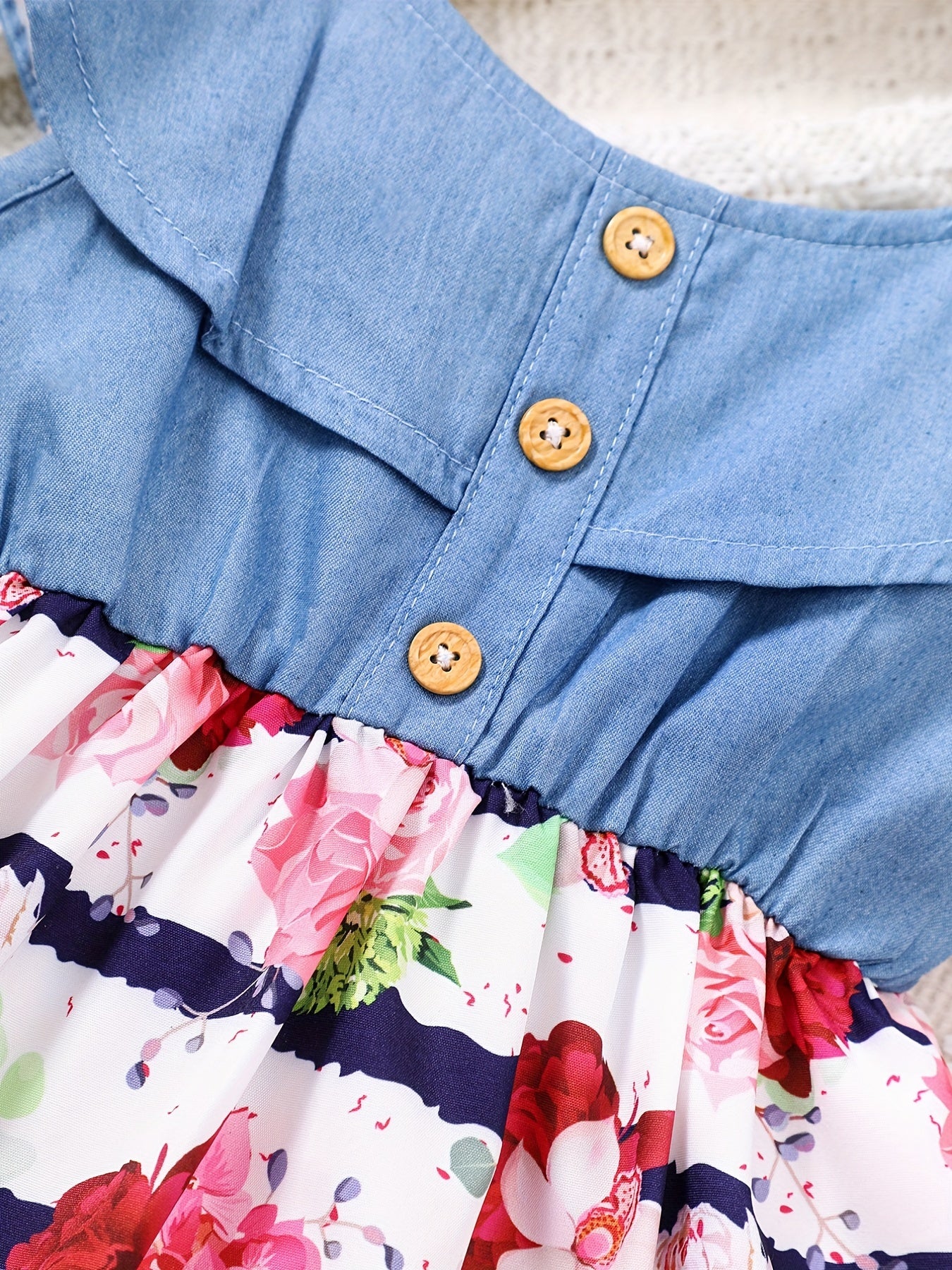 Girls Sleeveless Ruffles Crew Neck Button Floral Princess Dress