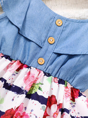 Girls Sleeveless Ruffles Crew Neck Button Floral Princess Dress