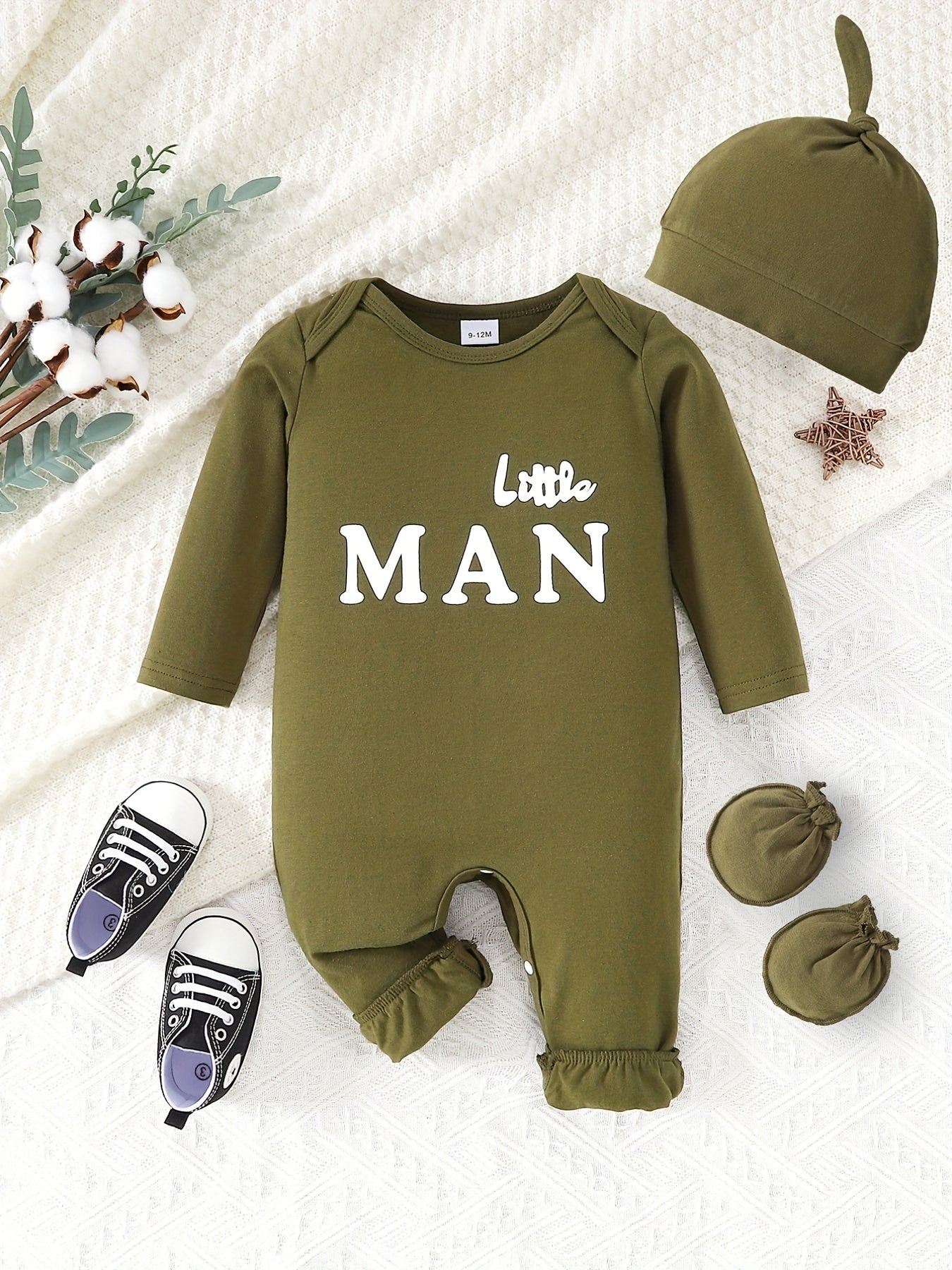 Hi I m Here Letter Print Unisex Baby Romper Hat Gloves Set