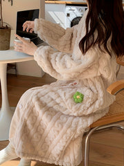 Floral Decor Fuzzy Night Robe Long Sleeve V Neck Buttons Robe With Pockets