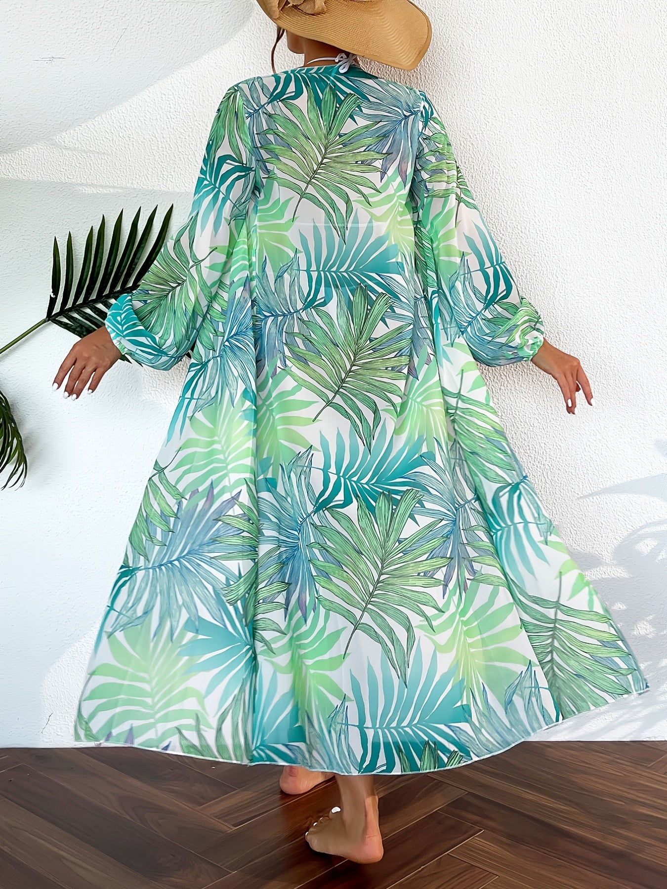 Leaf Print Tie Belt Long Sleeve Kaftan Cover Up Dress
