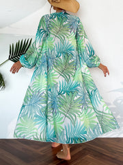 Leaf Print Tie Belt Long Sleeve Kaftan Cover Up Dress