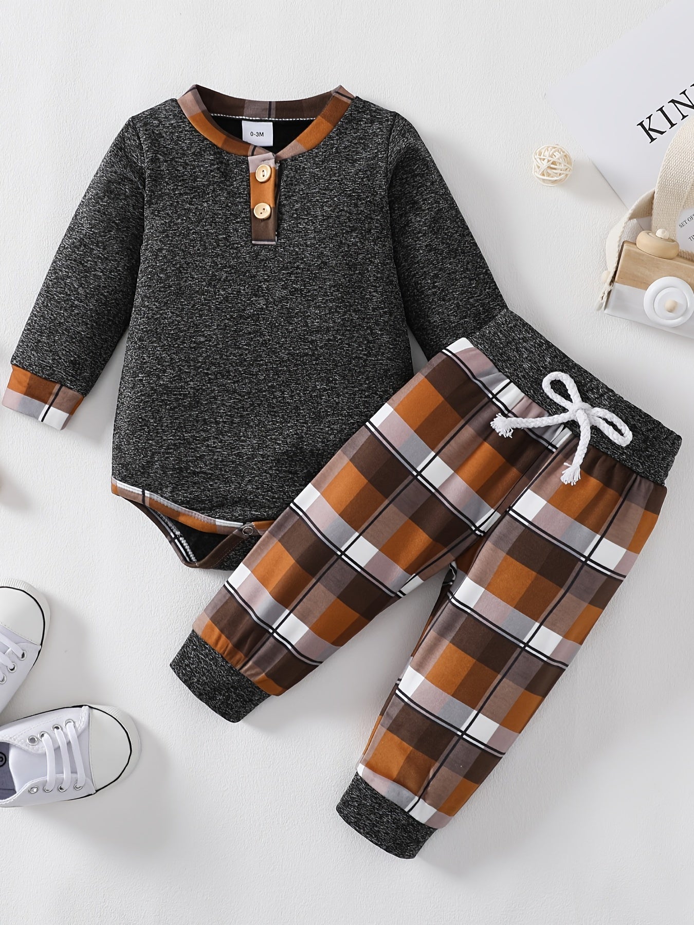 Newborn Infant Romper Long Sleeve Round Neck Bodysuit & Plaid Pants