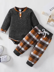 Newborn Infant Romper Long Sleeve Round Neck Bodysuit & Plaid Pants