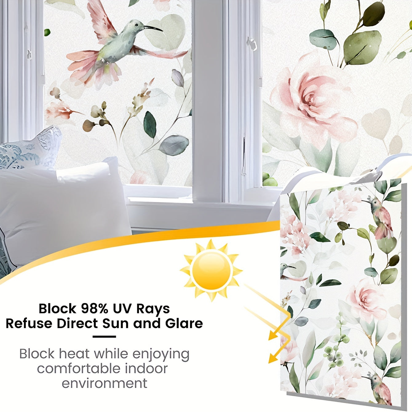 Colorful Bird Flower Plant Privacy Window Film Frosted Heat Insulating