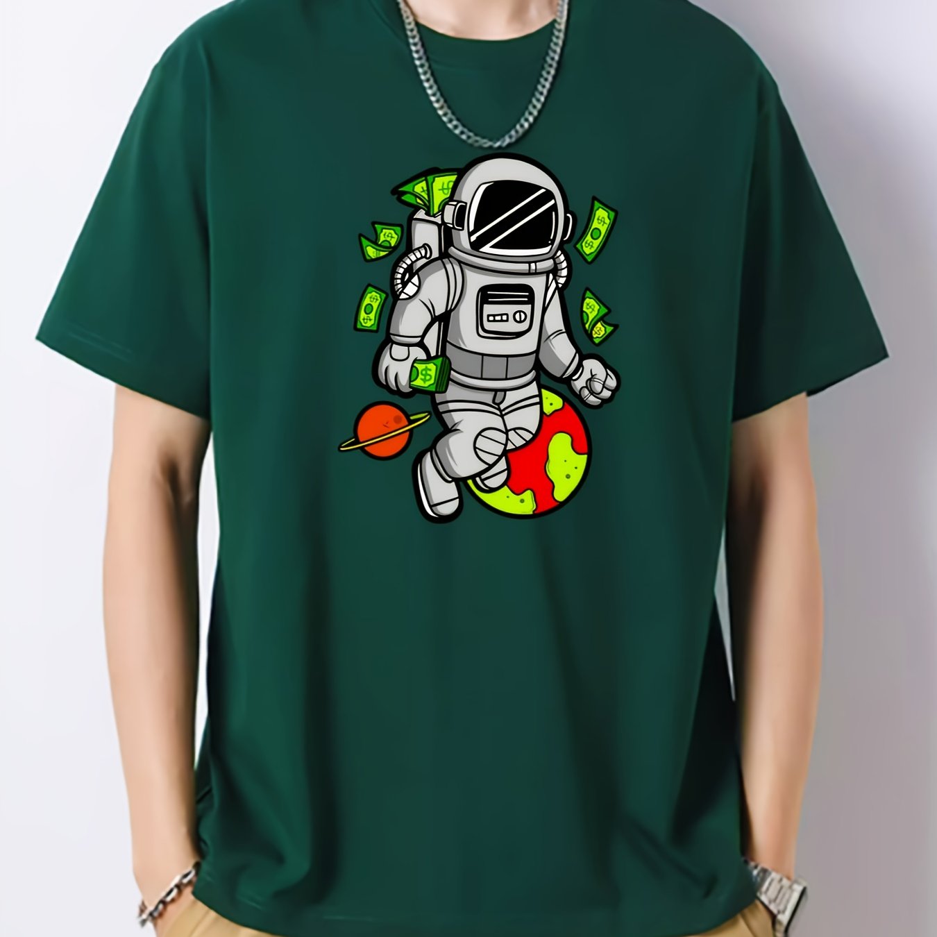 Cartoon Astronaut Print Men's Cotton Graphic Crew Neck Active T shirt