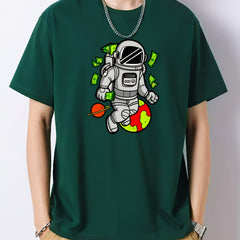 Cartoon Astronaut Print Men's Cotton Graphic Crew Neck Active T shirt