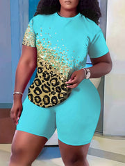 Women's Plus Leopard & Rhinestone Print Round Neck Short Sleeve & Shorts Outfits