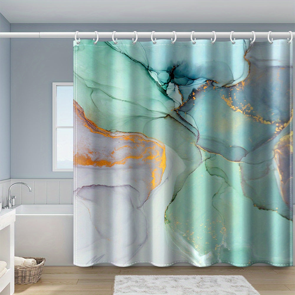 Green Marble Shower Curtain Set with Non Slip Mat and Toilet Cover